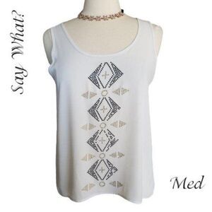 Womens Studded Tank Top M White Sleeveless Tunic Tribal Geometric Boho Y2K